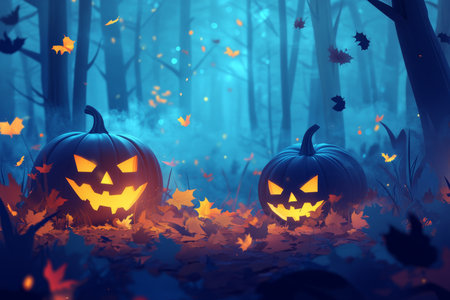 Spooky halloween scene forest with pumpkins and fiery leaves in a blue color paletteの写真素材