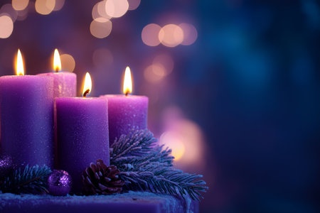 Festive advertising inspiration four purple candles amidst Christmas lights and bokeh effectsの写真素材