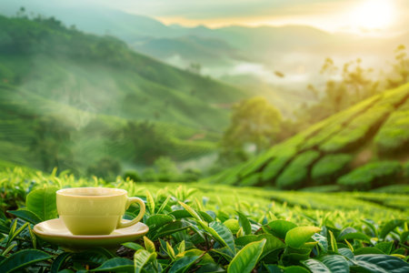 Serene mountain tea plantation green tea cup on lush field, perfect for textの写真素材