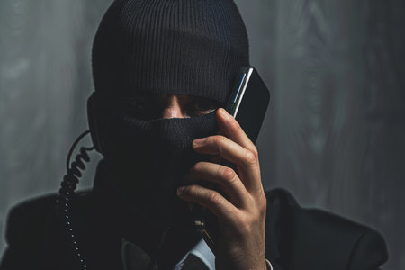 Masked man on phone scheming, illustrating concept of telephone scam for increased search relevanceの写真素材
