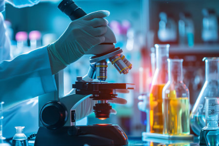 Scientist examining samples with microscope in medical laboratory scientific research background