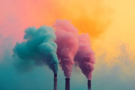 Industrial chimneys releasing colorful smoke against gradient sky, showing pollution effects