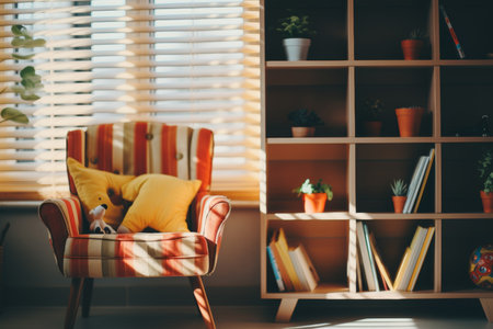 Bright childrens room with modern furniture, colorful toys, sunlit decor, kids play areaの写真素材