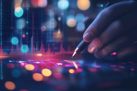 Entrepreneur analyzing financial data on stock market chart with futuristic high tech aesthetic