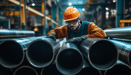 Quality control engineer examining steel pipe material in a factory warehouse environment