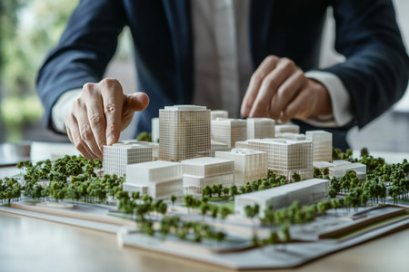 Businessman presenting model of new office complex for real estate development strategyの写真素材