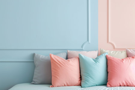 Contrasting vintage and modern decor styles for bedding and sofa cushions on soft pastel background
