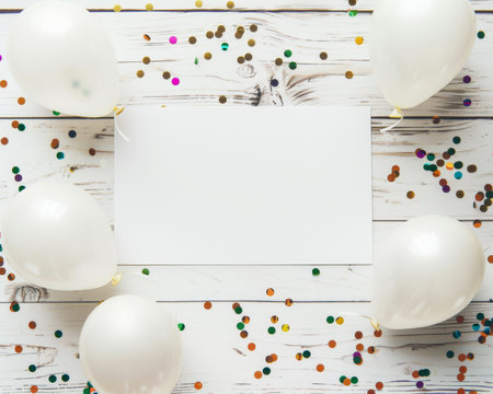 St. Patrick's day card mockup with balloons and confetti on white wooden background for web bannerの写真素材
