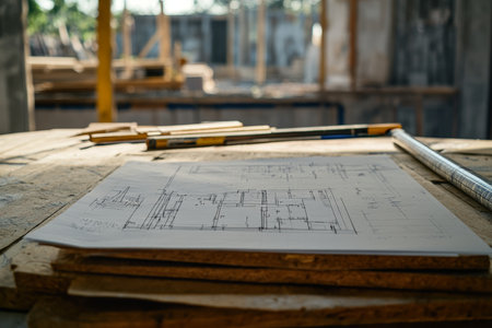 Architect and engineer collaborating on project planning and work progress at home construction siteのeditorial素材