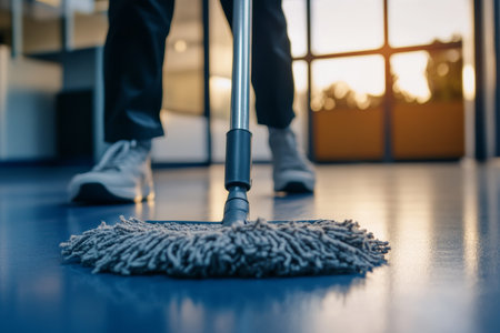 Close up of a janitor mopping office floors, showcasing the cleaning process in actionの写真素材