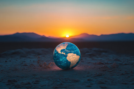 A glowing globe of earth in a desolate sunset landscape symbolizes climate change concernsの写真素材