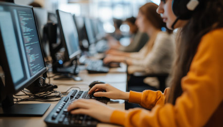 Close up of digital marketing professional working on computers in a collaborative coworking space