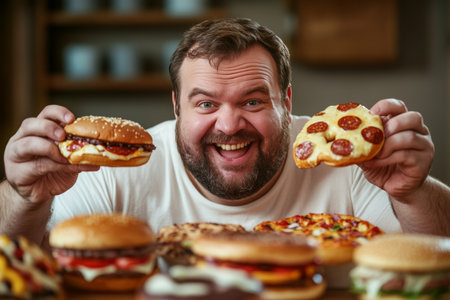 Joyful plus size man eagerly holding unhealthy treats burger, pizza, and donut delightのeditorial素材