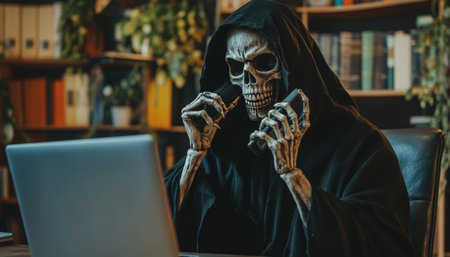 Devil employee in black cloak and skeleton mask engaged in work discussions at office deskの写真素材