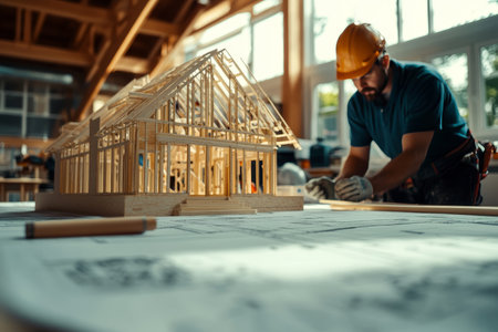 Construction project worker building house based on blueprints and architectural plansの写真素材