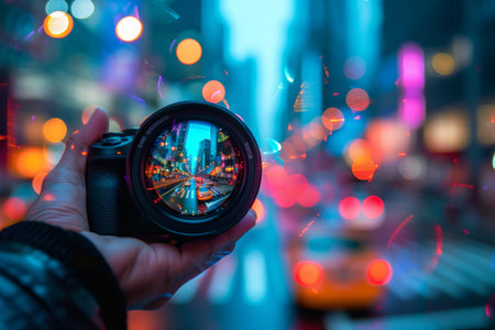 Vibrant cityscape through camera lens bokeh, skyscrapers, traffic lights reflections
