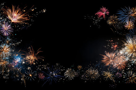 Stunning new year fireworks display against a dark background with ample space for text