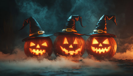 Three spooky carved pumpkins with witch hats illuminated by fog for a festive Halloween vibeの写真素材