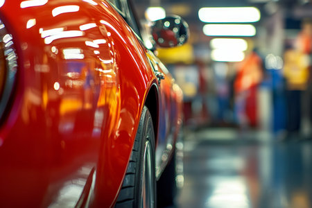 Auto repair workshop with car service center and body paint area in a blurred background