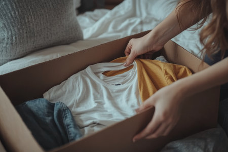 Young woman donates clothes close up of t shirt being placed in cardboard box in modern bedroomの写真素材