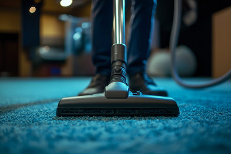 Professional carpet cleaning service janitor employing vacuum cleaner for efficient cleaning