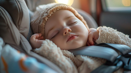 Peaceful infant resting in securely strapped car safety seat for tranquil journeyの写真素材