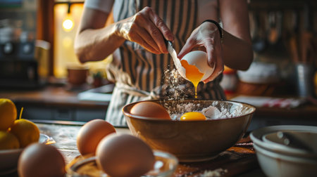 Woman cracking an egg into a bowl in a high quality image of home kitchen cooking
