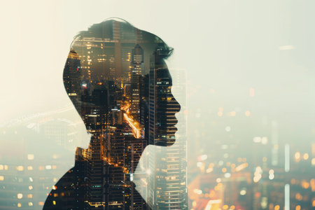 Contemporary metropolis fusion double exposure of businessperson and city skylineの写真素材