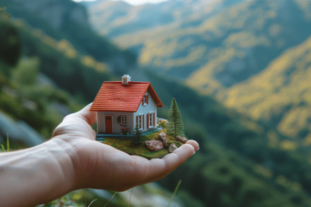 Hand holding tiny house outdoors against natural backdrop, ideal for text placement