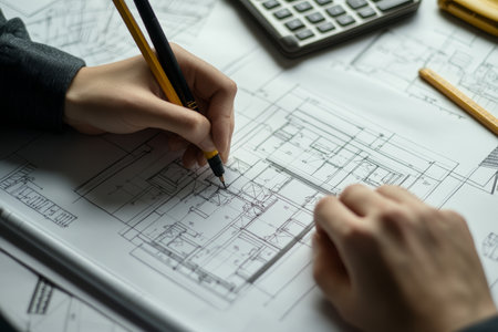 Architects and engineers collaborating on blueprints for sustainable construction projectsの写真素材
