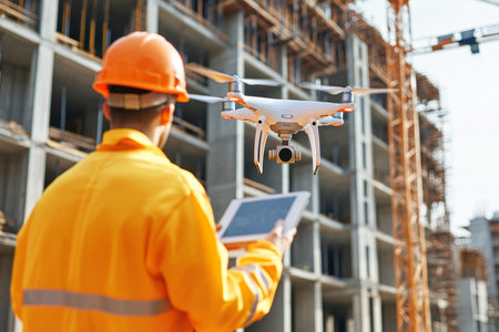 Engineer utilizing drones for geospatial mapping and aerial surveys at construction sites