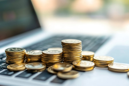 Cash and gold coins on laptop exploring electronic banking and online money making opportunities