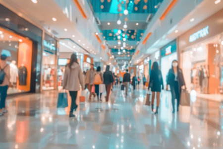Abstract motion blurred shoppers at modern shopping mall, futuristic retail experienceのeditorial素材