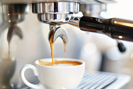 Professional espresso extraction portafilter pouring coffee into cup in bright surroundingsの写真素材