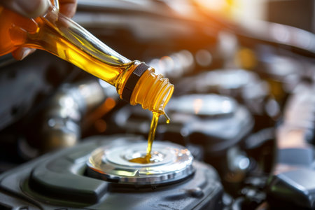 High quality image of pouring fresh car engine oil from plastic bottle for maintenanceの写真素材