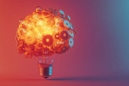 Vibrant abstract representation of a brain with light bulbs and gears symbolizing creative ideas