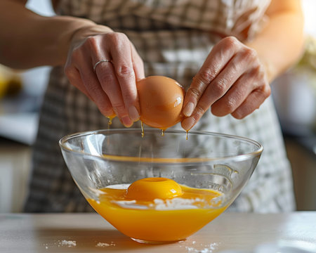 Woman cooking at home kitchen, cracking an egg into a bowl for homemade meal preparation