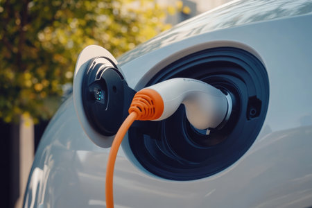 Close up of electric car charging port with power cable and energy storage technology displayedの写真素材