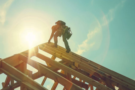 Roof worker building wooden house with shining background, symbolizing construction success