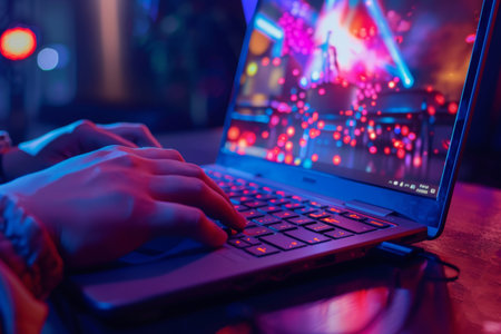 Businessman streaming online and watching videos on laptop for live concerts and tutorials