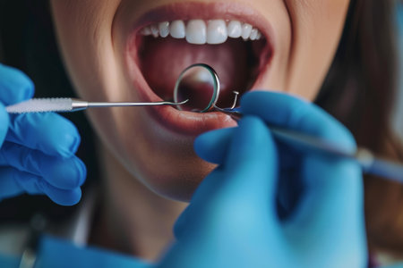 Professional dental examination close up of woman s dental check up with tools in clinicのeditorial素材