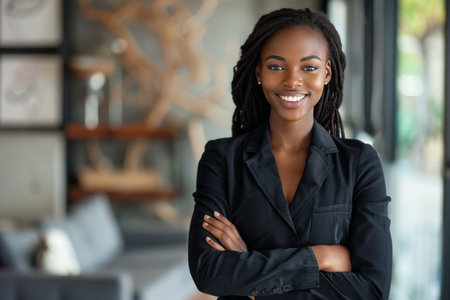 Confident black female leader smiling with arms crossed in professional workplace portraitのeditorial素材