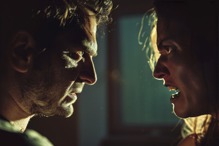 Intense heated argument angry man confronts furious woman in a fiery altercationのeditorial素材