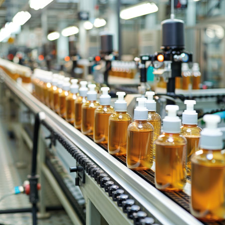 Optimized cosmetic bottling assembly line in conventional factory setup for efficient productionの写真素材