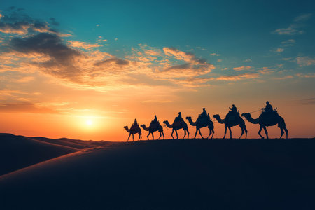 Silhouetted camel caravan at sunset in the thar desert a journey of adventure and cultureの写真素材