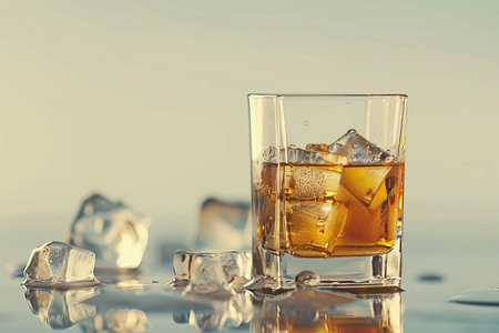 Whiskey glass with ice cubes on minimalistic background for creative text placementの写真素材