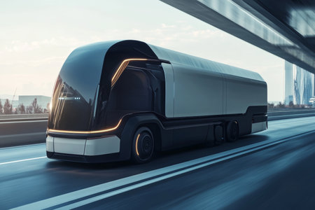 Futuristic electric vans and trucks on highway innovative logistics and energy solutions mockupの写真素材