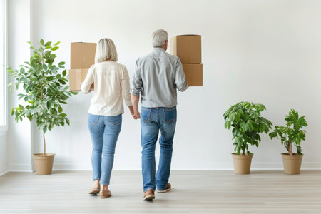 Elderly couple moving in, unpacking boxes in new apartment with potted plants, real estate concept