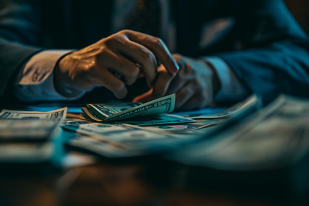 Bank teller meticulously counting us dollar banknotes with precision at a professional deskの写真素材