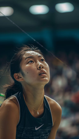 Athlete s concentrated expression serving at summer olympics, exemplifying sporting spiritのeditorial素材